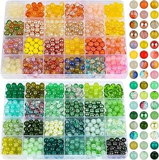 XSEINO About 1200PCS 8mm Glass Beads Bracelet Making Kit，48 Assorted Yellow and Green Series Colorful Crystal Beads for Making and DIY Crafts