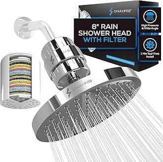 SparkPod Luxury Filtered Shower Head Set 23 Stage Shower Filter - Reduces Chlorine and Heavy Metals - High Pressure Showerhead Filter (8" Round, Luxury Polished Chrome)