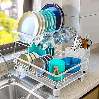 2-Tier Dish Drying Rack for Kitchen Counter,Space-Saving Dish Rack with Drainboard,Rustproof Countertop Dish Drainer with Utensil Holder for Sink,White