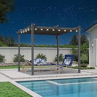 PURPLE LEAF 10' x 10' Aluminum Outdoor Pergola Modern Grape Trellis Retractable Pergola with Double Sun Shade Canopy Metal Pergola with Light for Patios Backyard Deck Garden, Grey