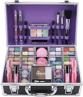 Love Urban Beauty Bliss Makeup Case With Vegan Products – Complete Suitcase Eyeshadow, Blusher, Lipstick, Eyebrow Wax And Powder, Brushes Aluminum-Framed Organizer