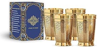 INDIAN ART VILLA Pure Brass Glass Tumbler with Embossed Design, for Drinking Serving Water, Yoga & Ayurveda, Volume-270 ML, Set of 4