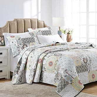 Cozy Line Home FashionsMoorea Floral Gray Yellow Coral Aqua Blue Patchwork Microfiber Reversible Bedding Quilt Set, Coverlet, Bedspread (Fleur-de-lis, King - 3 Piece)
