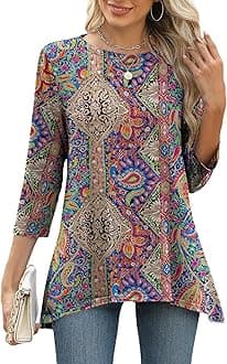 3/4 Sleeve Tunic Tops for Women Loose Fit Dressy Casual Blouse Flowy Shirts to Wear with Leggings S-3XL