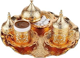 Turkish Greek Arabic Coffee Serving Set – 11 Piece Handmade Coffee Set with Cups, Saucers, Lids, Sugar Bowl & Decorative Tray (Gold)