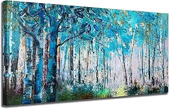 Ardemy Blue Wall Art for Living Room, Tree Canvas Forest Landscape Picture Modern Nature Painting Bedroom Artwork Textured Large Framed for Home Office Wall Decor, 48"x24"