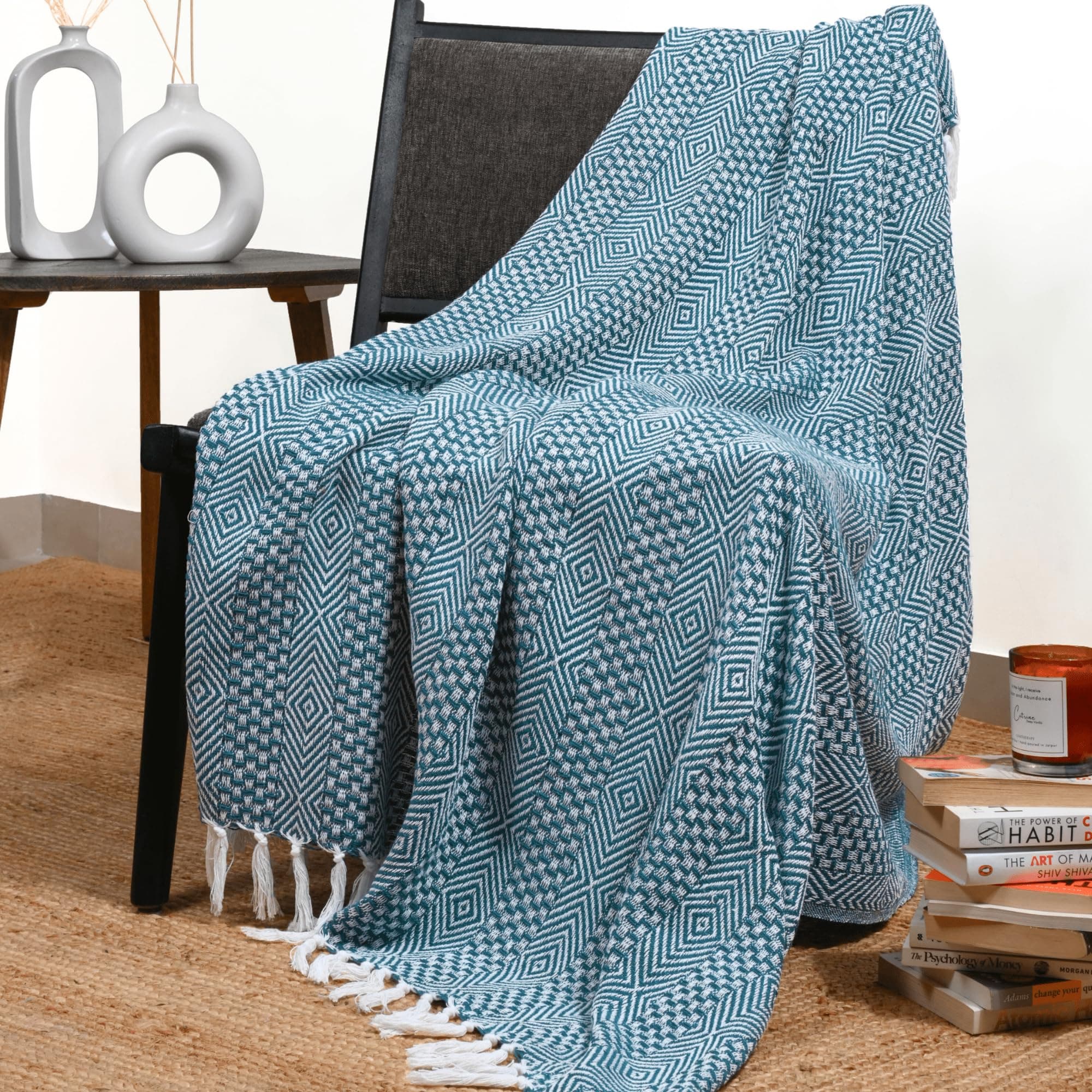 RAJRANG Rustic Throw Blanket with Decorative Tassel Cotton Throws Geometric Woven Soft Patio Comfy Blankets Teal Blue - 50 x 60 Inches