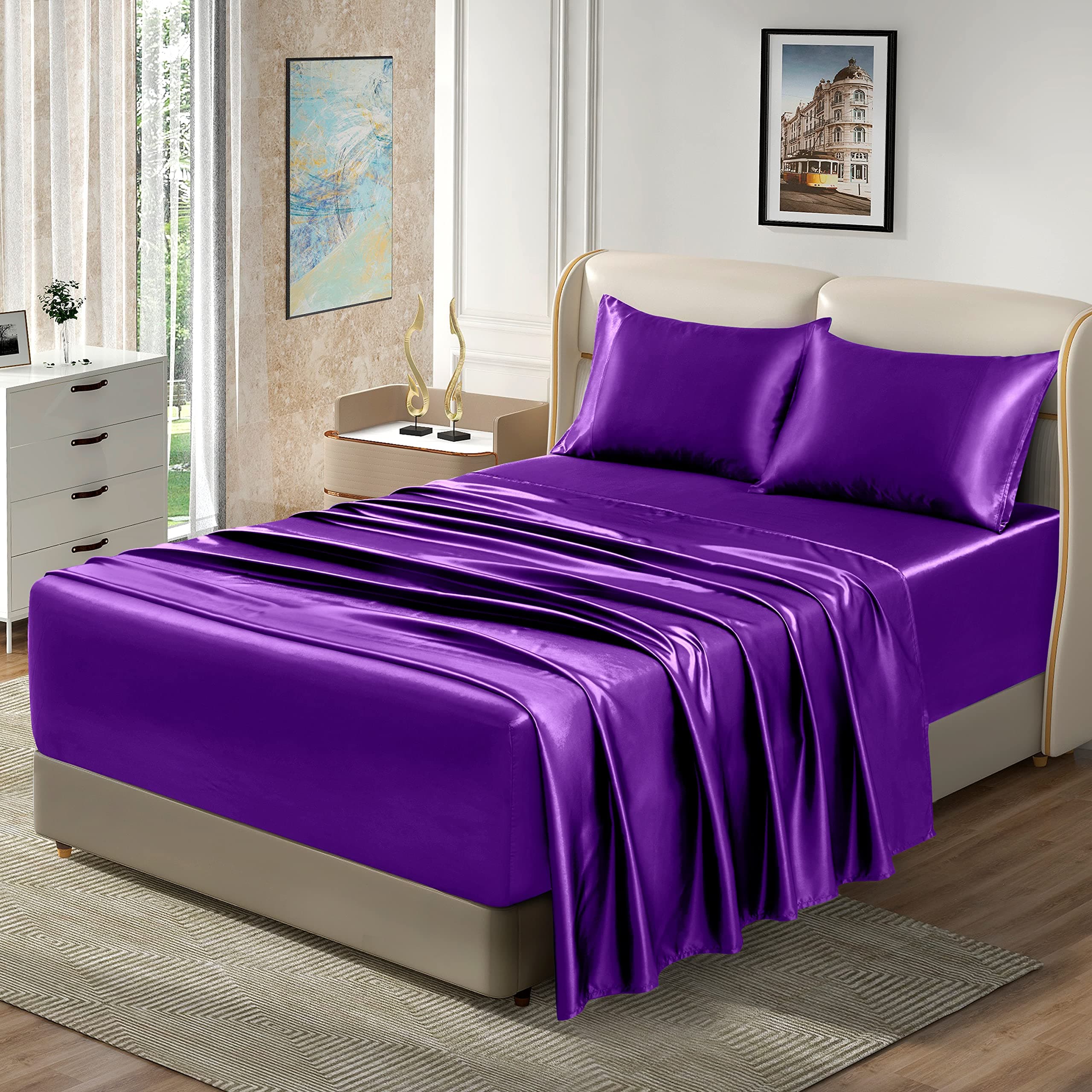 Homiest 4pcs Extra Deep Pocket Satin Sheets Full Size Bed Set, 18-24 Inch Deep Pocket Bed Sheets Purple Satin Sheet Set, Silky Satin Bedding Set Luxury Fitted Sheet Set Fits Ultra Deep Mattress