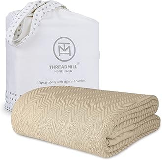 All-Season 100% Pure Cotton Luxury Queen Size Beige Blanket - Herringbone Pattern, Lightweight, Soft & Cozy Premium Fall Throw Blanket, 350GSM & 90x92 with Free Tote Bag