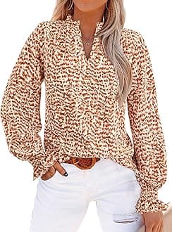 Womens V Neck Floral Long Sleeve Tops 2026 Summer Casual Loose Puff Sleeve Chiffon Boho Work Blouse Dressy T Shirts