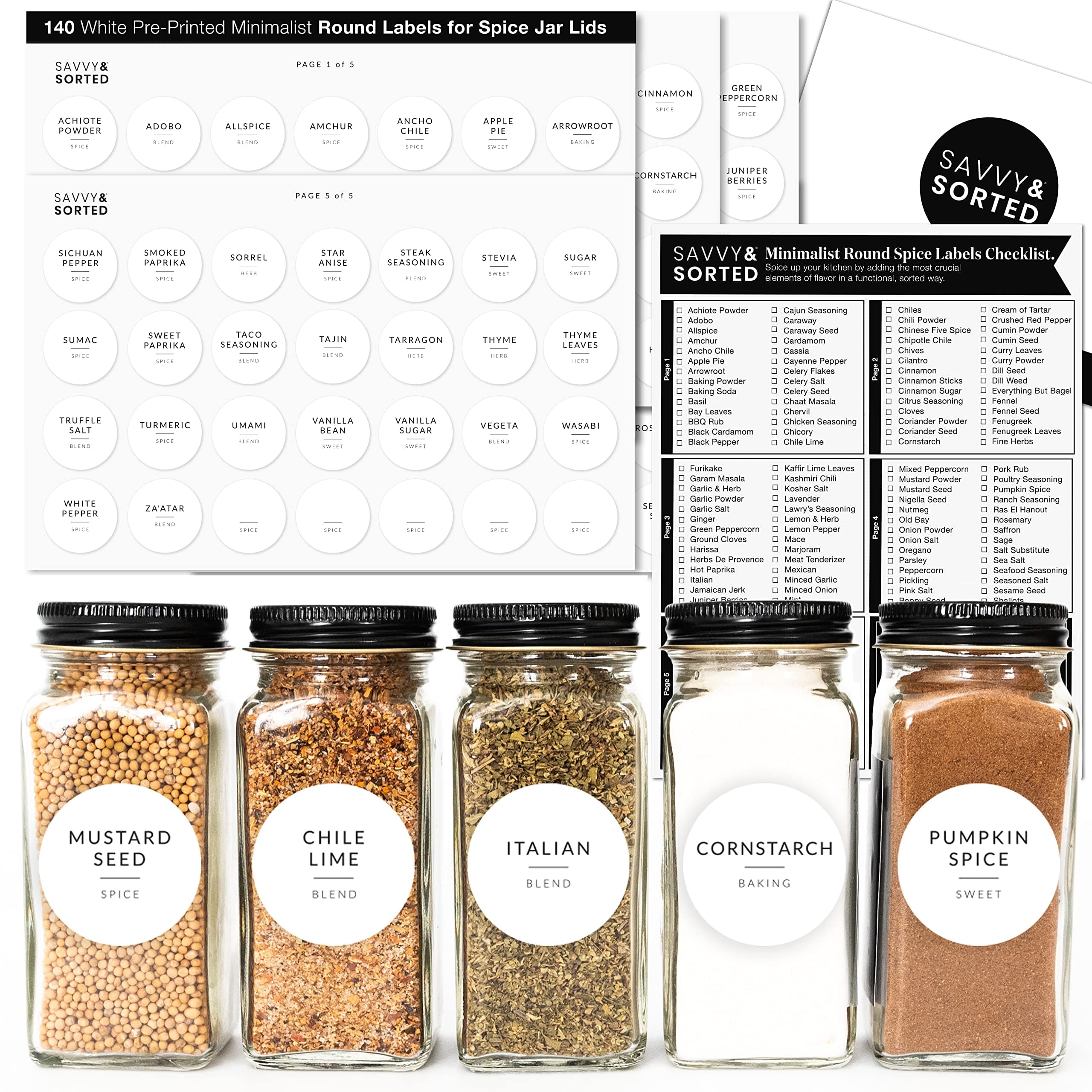 Round Spice Labels Stickers for Glass Jars - 140 Preprinted Waterproof Spice Jar Labels Stickers for Top of Lids, Seasoning Labels Only, Kitchen Pantry Organization
