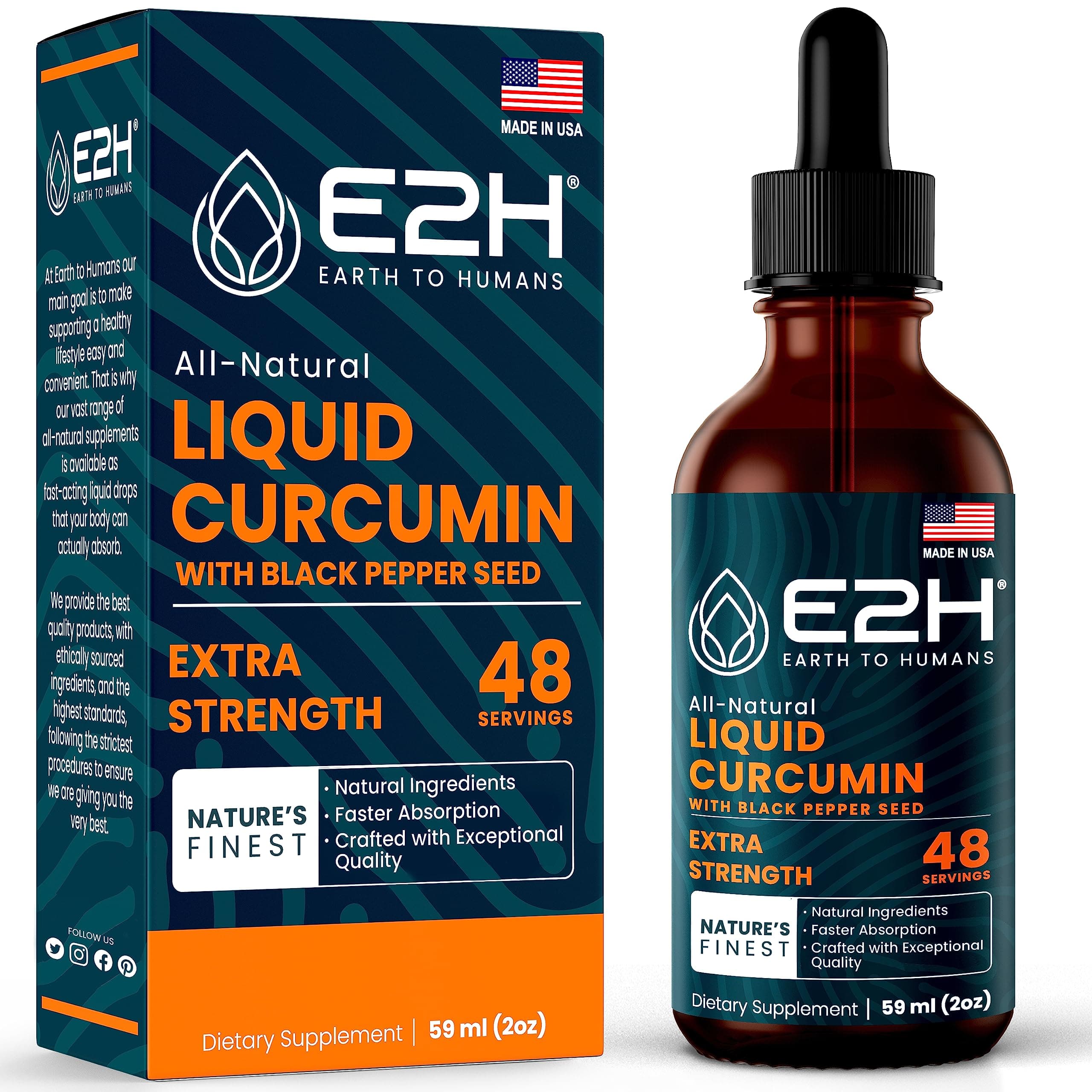 E2H Liquid Turmeric Curcumin for Better Absortion - Natural Joint Support - Turmeric Root Extract with Black Pepper Seed - Boost Your Health - Vegan - Non-GMO - 2 Fl Oz