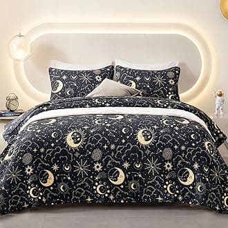 EXQ Home Quilt Set Full Queen Size Black Print 3 Piece,Lightweight Soft Coverlet Modern Style Sun Starry Pattern Bedspread Set(1 Quilt,2 Pillow Shams)