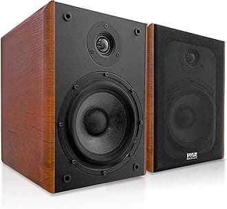 PyleUsa 5.25" Home Wooden Bookshelf Speakers, 200W Max Power, 1" Silk Dome Tweeter and Aluminum Voice Coils, Pair, Gold Plated 5 Way Binding Post,Rubber Surrounds,Beautiful Wood Grain Finish- PHQBS52