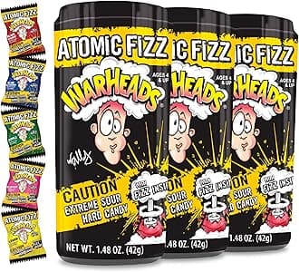 WARHEADS Atomic Fizz - Extreme Sour Fizzing Hard Candy - Sour Apple, Black Cherry, Blue Raspberry, Lemon & Watermelon Flavors - 1.48 oz Canisters - 3 Pack