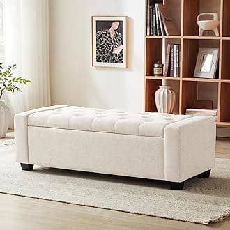 Huatean Home 48" Ottoman with Storage, Storage Ottoman Bench with Safety Hinge, Upholstered Entryway Bench with Seating for Bedroom, Living Room, Holds up to 330 lb, Beige