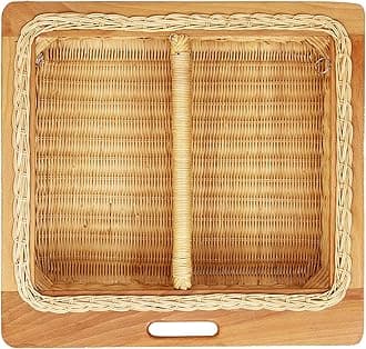 AKWAY Natural Rattan Wooden Wicker Basket with Partition | Vegetable, Fruit & Kitchen Storage Basket (Size: 22W x 20L x 8H Inches)