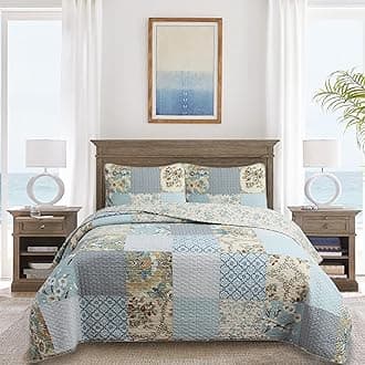 Cozy Line Home Fashions 100% Cotton Classic Patchwork Bedding Quilt Set, Blue Gray Teal Taupe Bohemian Style Reversible Bedspread Coverlet (Carolina Bloom, Queen - 3 Piece)