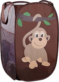Collapsible Mesh Pop Up Laundry Hamper with Side Pocket – Breathable, Space-Saving, Foldable Basket for Clothes, Toys, Travel & Storage, 14 x 13 x 24 in, Monkey