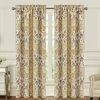 Loom and Mill Damask Patchwork Curtains for Bedroom, Beige Yellow Lined Jacquard Curtains 2 Panels with Tiebacks, Window Curtain for Living Room Banquet Halloween Decor, Rod Pocket(52”x 84”, 2 Panels)