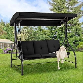 AECOJOY 3-Seat Outdoor Porch Swing with Adjustable Backrest and Canopy, Patio Swing w/Removable Cushions Outdoor Swing Bed for Porch, Backyard, Poolside, Black