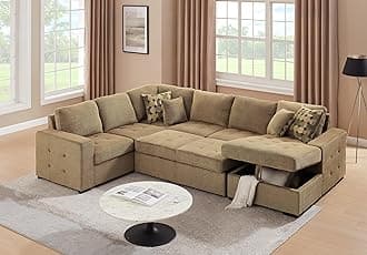 THSUPER Sectional Sleeper Sofa with Pull Out Bed, Oversized Sectional Couch with Storage Chaise U Shape Sleeper Sectional Sofa Bed for Living Room, Fabric Brown