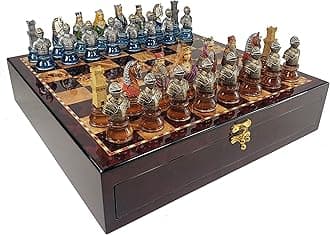 HPL Medieval Times Crusades Knight Red & Blue Busts Chess Men Set w/ Large 20" Cherry Color Storage Board