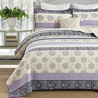 Homzard Floral Comforter Set Queen Size,Purple Lavender Beige Queen Size Quilt Set,All Cotton Quilted Comforter,Striped Floral Pattern Bedding Bedspread, 3 Piece All Season