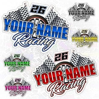 Custom Racing Name Number Sticker Personalized Motorsports Decal with Checkered Flags Waterproof Vinyl for Car Helmet Motorcycle Dirt Bike Gifts for Kid Boy Girl