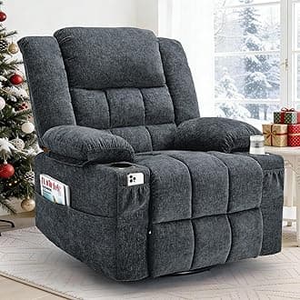 Korser 360° Swivel Rocker Recliner for Adults, Nursery Glider Recliner with Massage and Heating, Rocking Chair with Cup Holder, Manual Recliner Chair for Living Room, Bedroom (Fabric, Dark Gray)