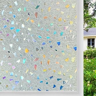Coavas Stained Glass Window Privacy Film 3D Rainbow Decorative Heat Control UV Blocking Non-Adhesive Removable Vinyl Film Window Tint for Bathroom Door Covering, Pure, 35.4 x 157.5 inch