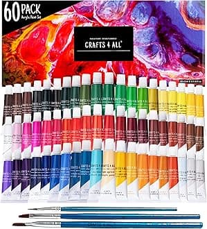Crafts 4 All Acrylic Paint Set for Adults and Artists - 60 Pack of 12mL Paints with 3 Art Brushes, Non-Toxic Craft Paint for Easter Eggs, Ceramic Rock - Art Supplies