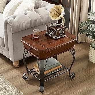 2 Tier Retro Hexagon Wood End Table with Metal Leg, Farmhouse Side Table with Storage Shelf ＆ Drawer, Mid-Century End Table for Living Room(25" Dx18 Wx23 H)