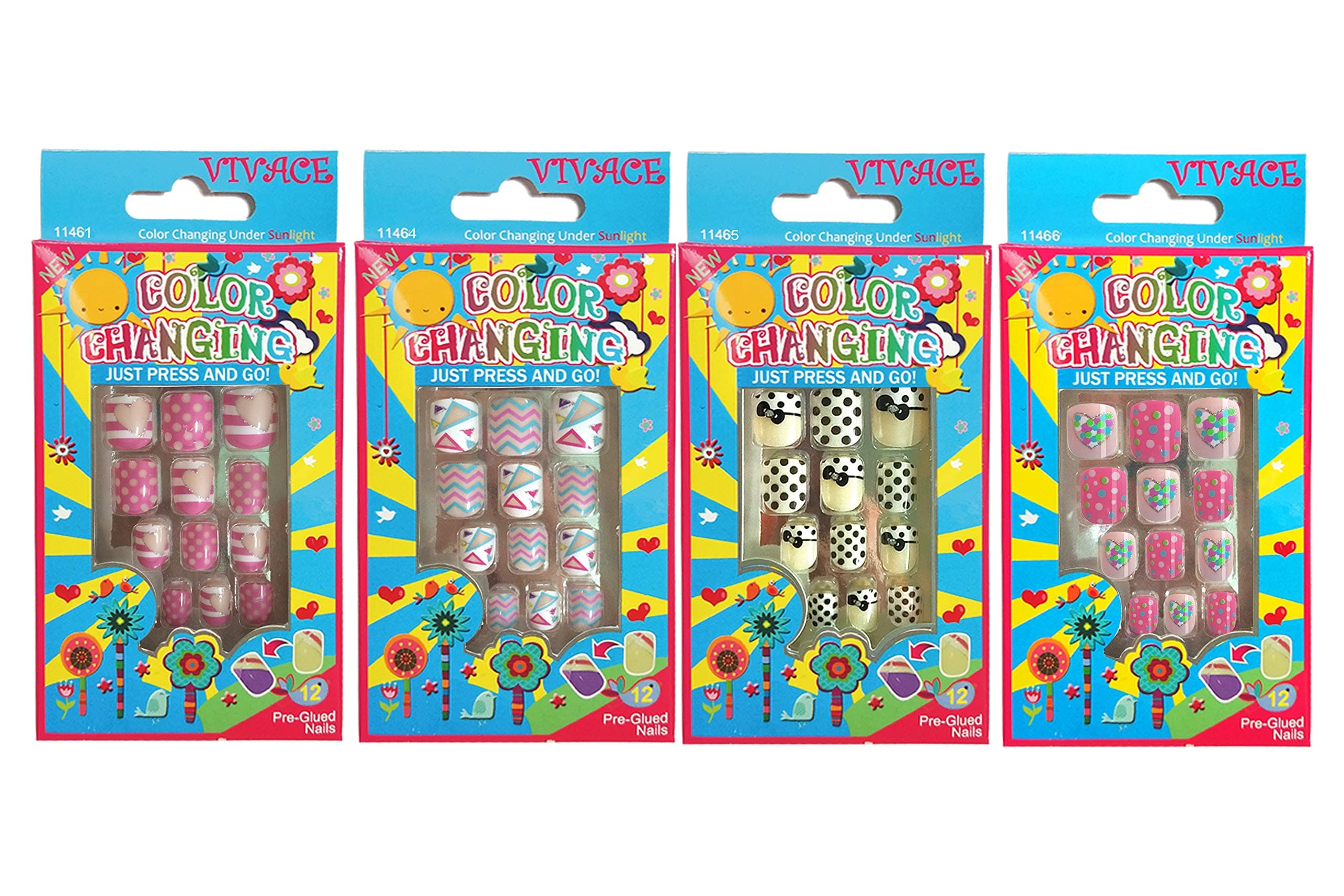 Vivace 4 Pack Artificial Preglued Junior Sticker Nails, Multicolor, Square, Plastic, False Nails, Mixed Nail 3, 48 Tips, 4 Pack