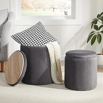 Royal Windsor Round Ottoman with Storage Set of 2,Vanity Stool with Storage for Bedroom, Ottoman Coffee Table,Small Velvet Foot Stool for Living Room,Grey