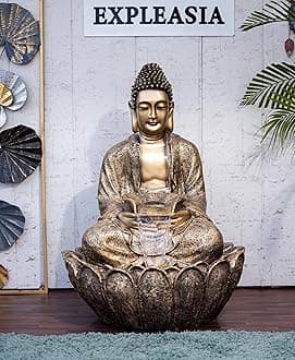 EXPLEASIA Lotus Buddha Water Fountain for Home Indoor Living Room Big Size Fountain for Garden for Home vastu Buddha Fountain 3 feet (Golden)