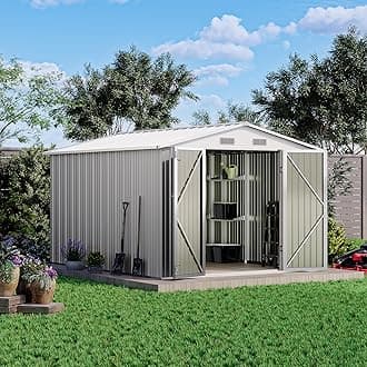 Patiowell 8x10 FT Outdoor Storage Shed with Detachable Storage Rack, Large Garden Tool Metal Shed with Sloping Roof and Double Lockable Door, Outdoor Shed for Backyard Garden Patio Lawn,Grey