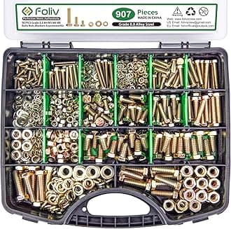 FOLIV 907pcs Grade 8.8 Metric Bolt Assortment, M4 M5 M6 M8 Heavy Duty Bolts and Nuts Kit, Yellow Zinc Plated, Length from 12-30mm