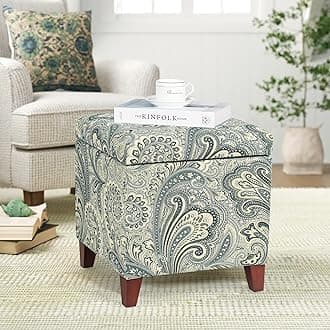 18" Cube Storage Ottoman in Blue Paisley, Upholstered Linen Foot Stool & Accent Chair for Entryway, Vanity or Small Spaces
