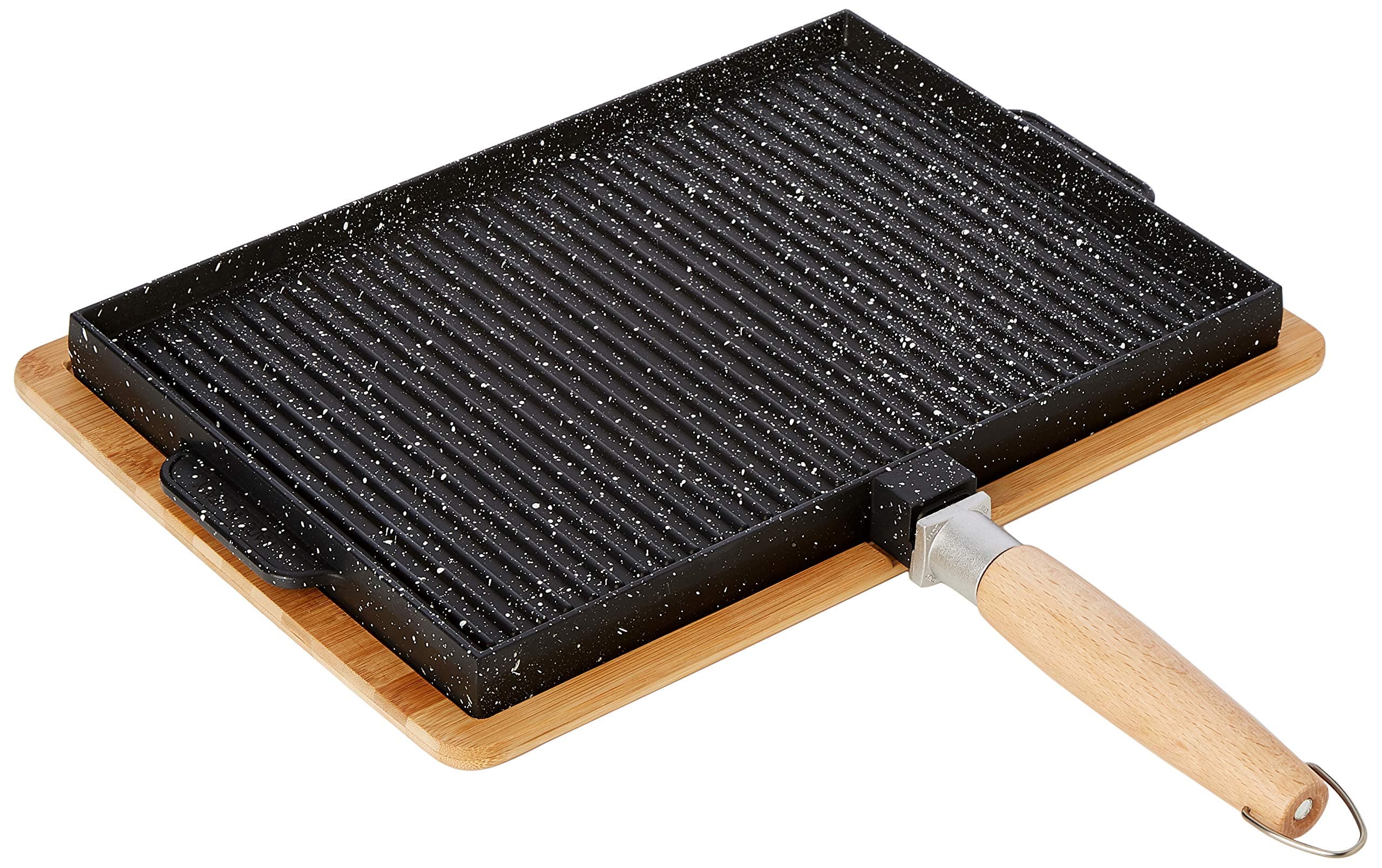 MasterHome Frying Pan Round Twin Hob Romagna Craftsmanship in Smooth Non-Stick Lava Stone and Grill + Moulded Wooden Trivet + Simmer Ring Heat Diffuser No Seasoning Made In Italy cm 37x25 black