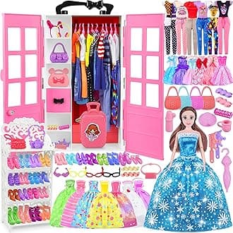 122 Pcs Doll Clothes and Accessories with Closet(Include Doll), Princess Gowns Fashion Dresses Top Pants Jumpsuit Swimsuits Shoes Hangers, Doll Dress up Toys for Girls Kids Toddlers Toy Gifts