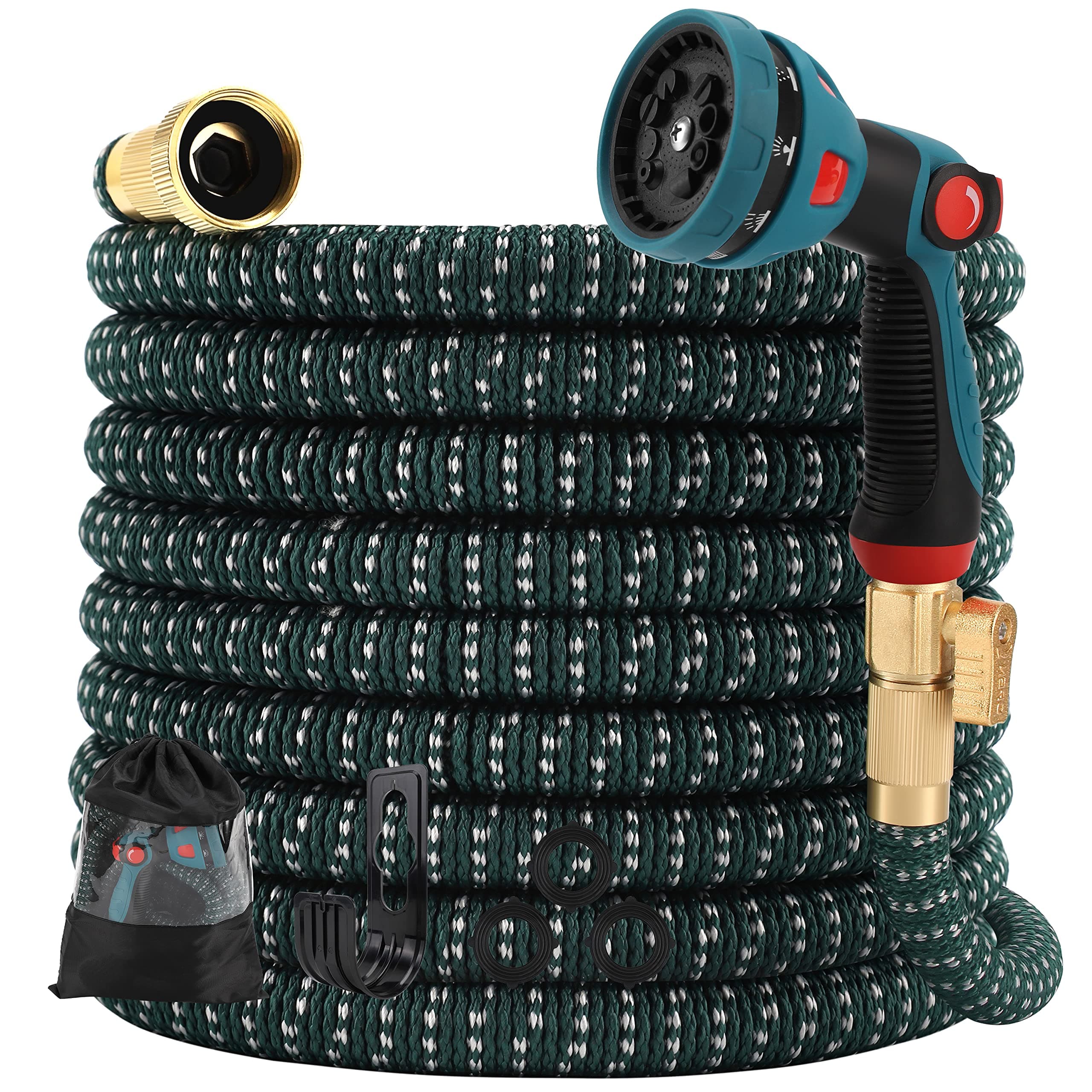 Gpeng Garden Hose , Expandable Water Hose with 10 Function Nozzle, Heavy Duty Flexible Outdoor Hose, 3/4 inch Solid Brass Fittings and Double Latex Core (25 FT)