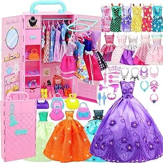 108Pcs 11.5 Inch Girl Doll Closet with Clothes and Accessories, Party Dress Gowns, Fashion Dresses, Shoes, Swimsuits, Necklaces, Doll Wardrobe for Toddlers 3 Ages and Up