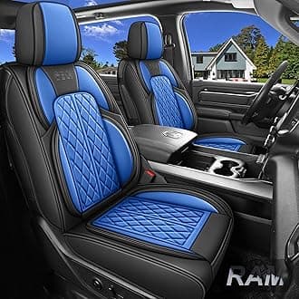 Car Seat Cover Custom Fit for Dodge Ram 1500 2500 3500 2002-2026 Faux Leather Seat Cover Set Compatible with Crew Quad Regular Cab Pickup Truck Cushions (Black & Blue, Front Seat)