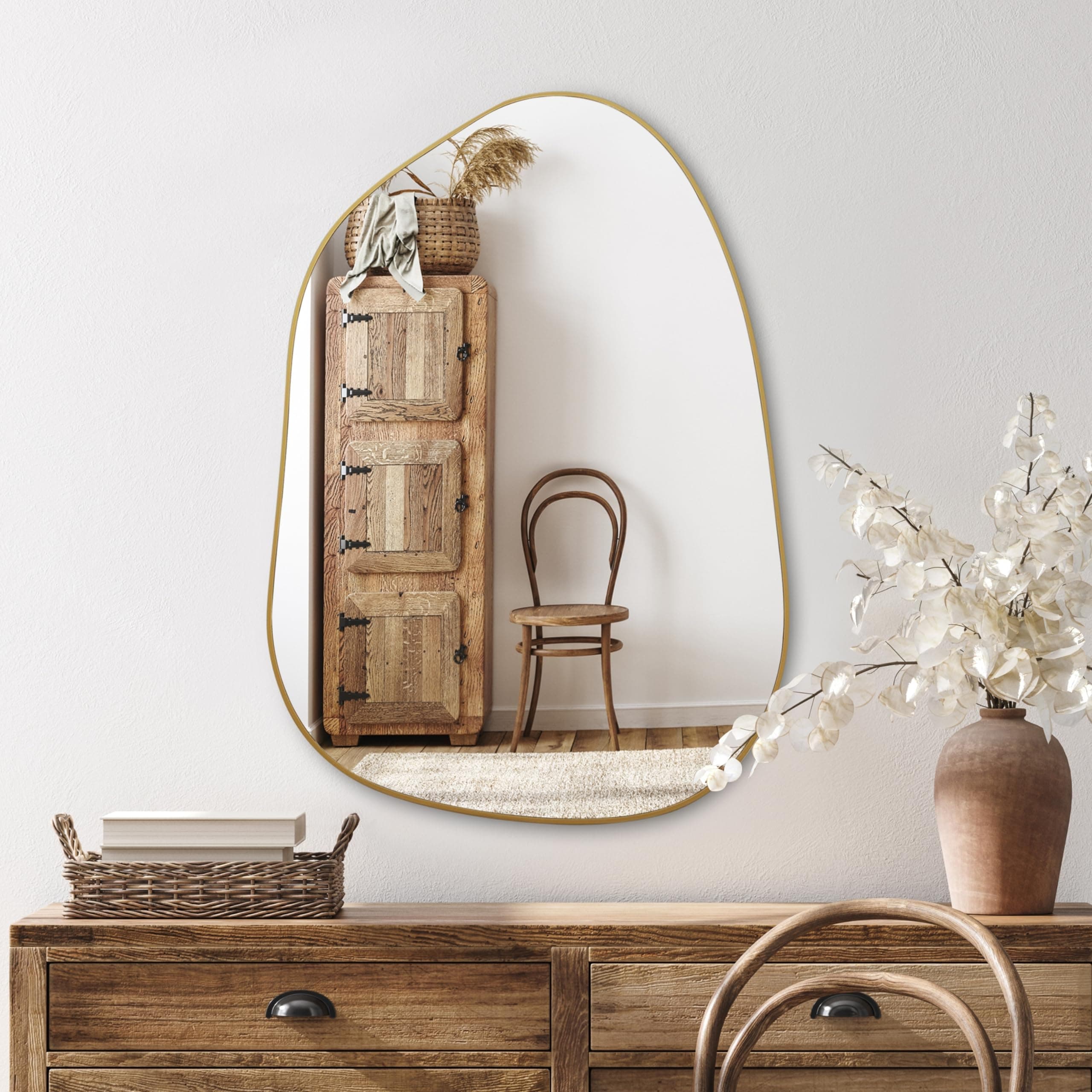 PERFNIQUE Irregular Wall Mirror Asymmetrical Mirror, Golden Wood Framed Mirror for Bathroom Bedroom Living Room Entryway, Decorative Modern Wall Decor (Gold, 28''x20'')