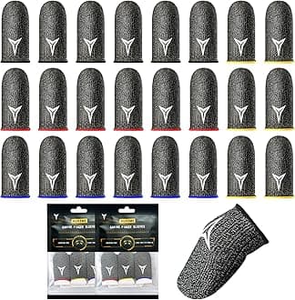 24 Pack 4 Colors Gaming Finger Sleeves for Mobile Gaming, 0.3mm Silver Fiber, Smooth Operation, Anti-Sweat, Extremely Thin, Nuozme Finger Sleeves Fit Mobile Phone Tablet Devices