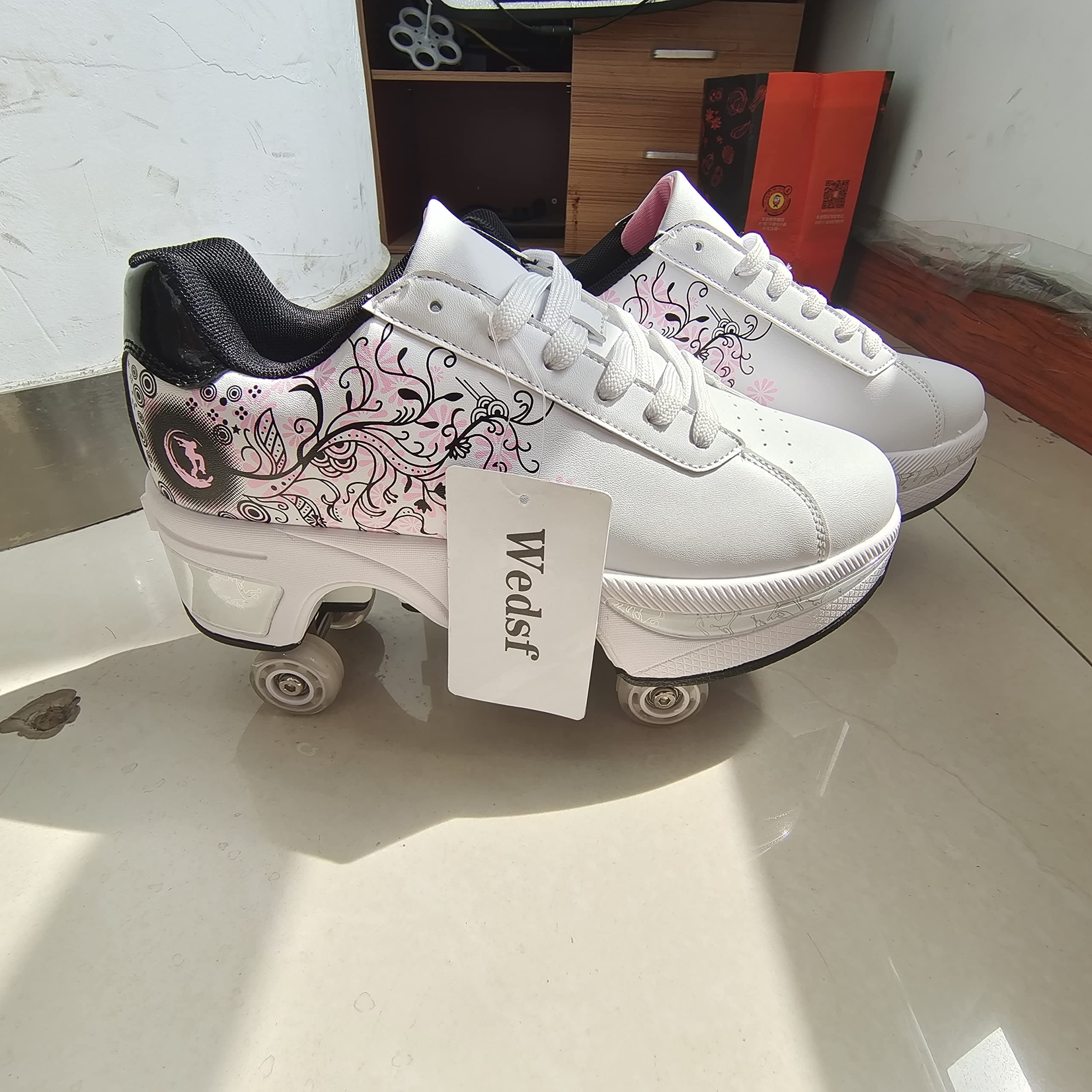 Wedsf Adjustable Quad Roller Boots 4 Wheel 2-in-1 Multi-Purpose Wheels Shoes Skates Deformation Roller Shoes Skating Pulley Shoes Skates Automatic Walking Shoes Invisible