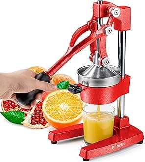 EuroluxCast Iron Citrus Juicer | Extra-Large Commercial Grade Manual Hand Press | Heavy Duty Countertop Squeezer for Fresh Orange Juice (Bonus Stainless Steel Cup) (Red)
