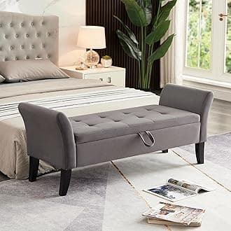 Furniliving 51” Bedroom Bench, End of Bed Bench with Button-Tufted Large Upholstered Storage Bench Ottoman Velvet Window Bench with Storage Shoe Cabinet Bench, for Bedroom, Entryway, Closet, Grey
