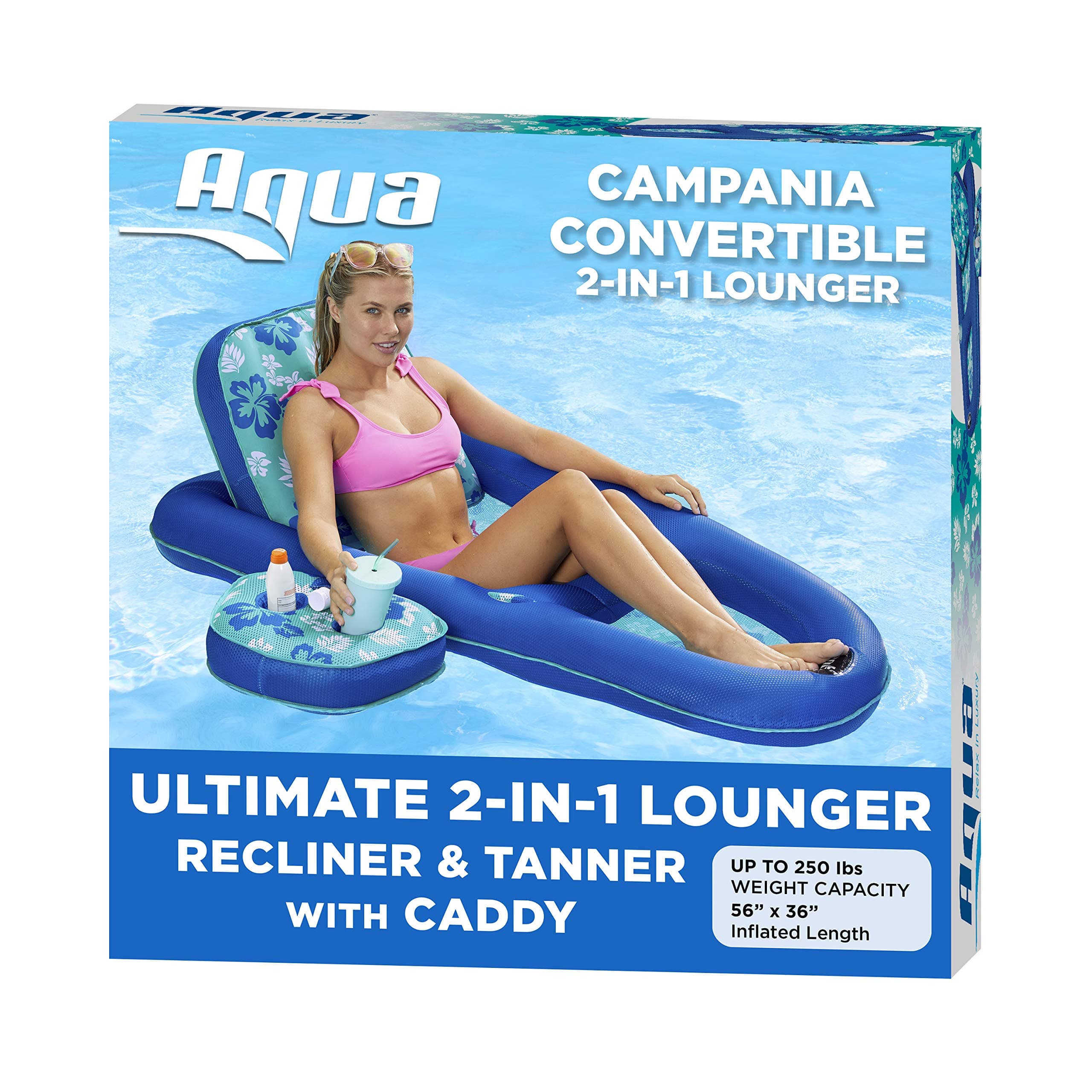 Aqua Campania Ultimate 2-in-1 Pool Float Lounge – Extra Large – Inflatable Pool Floats for Adults with Adjustable Backrest & Cupholder Caddy